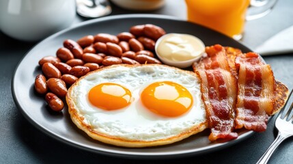 A plate of breakfast with eggs, bacon and beans on it, AI