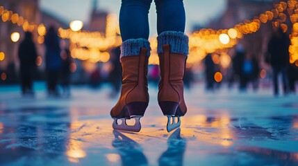 Ice Skating on a Frozen Lake at Sunset with Bokeh Lights