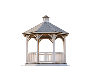 a white gazebo with a roof
