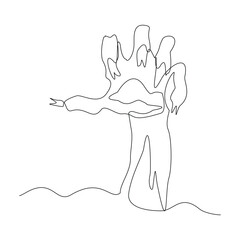Continuous single line sketch drawing of zombie monster hand finger rising from cemetery graveyard tomb