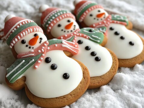 Snowman-shaped gingerbread cookies decorated with colorful candy scarves and icing, arranged in a playful snow scene