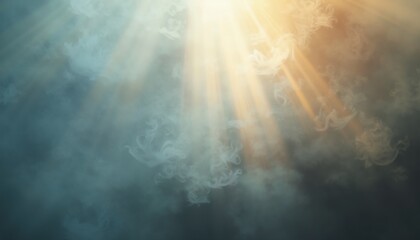 glowing light beams in dreamy smoky background with soft blues and grays