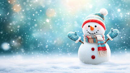 Fototapeta premium Winter holiday background banner cute snowman Merry christmas and happy new year