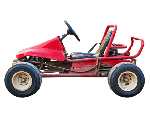 a red go kart with a steering wheel