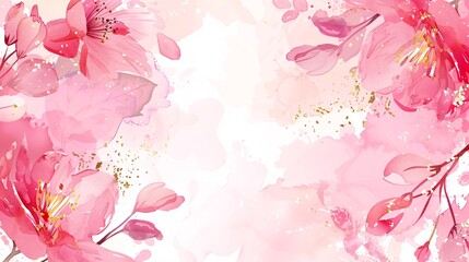 97. Luxury wedding invitation card background vector. Elegant watercolor texture in pink flower, gold sparkle, gold border. Spring floral design illustration for wedding and cover template, banner,