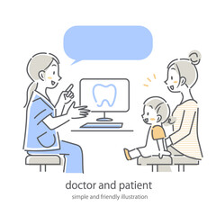 医師から説明を受ける親子　シンプルでお洒落な線画イラスト