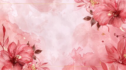 98. Luxurious wedding invitation card background vector featuring elegant pink floral watercolor texture, gold sparkle accents, and a gold border, perfect for a spring wedding
