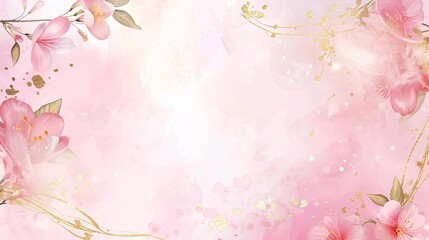 102. Detailed luxury wedding invitation card vector with a pink floral watercolor background, gold sparkles, and an elegant gold border, ideal for creating invites and templates