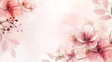 Fototapeta premium 107. Beautiful wedding invitation card background with a luxurious design, featuring pink flower watercolor textures, leafy details, and a gold border, perfect for spring floral-themed VIP cover