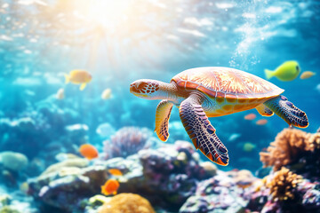 Obraz premium sea turtle swimming underwater with coral reefs