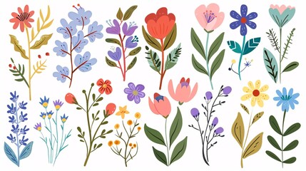 Fototapeta premium 113. Artistic vector set of spring flower elements, featuring a variety of colorful wildflowers, leaf branches, and foliage on a white background, suitable for hand-drawn blossom illustrations,