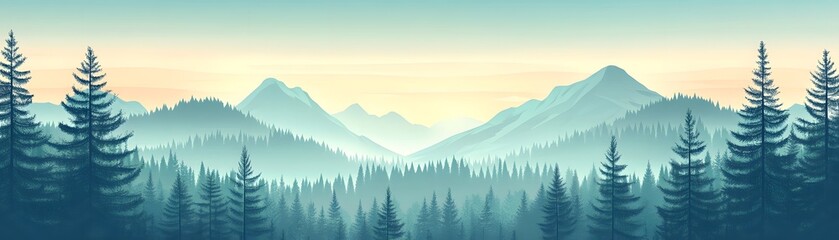 Fototapeta premium Misty Mountain Landscape with Pine Trees at Sunset