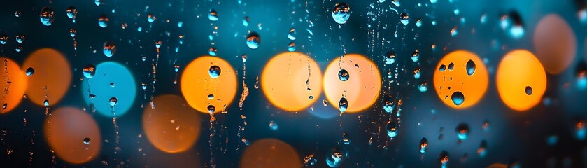 Rain Drops on Window with City Lights Bokeh