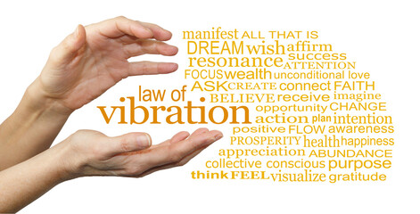 Words associated with the Law of Vibration on white background cupped female hands beside a golden cloud of words relevant to the law of vibration ideal for a spiritual theme wall art 
