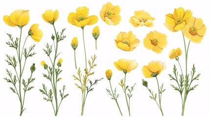 Fototapeta premium 121. Set of buttercup floral vector illustration.