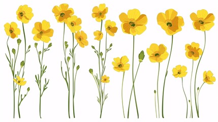 Fototapeta premium 122. Set of buttercup floral vector illustrations, featuring multiple views of buttercup flowers with their vibrant yellow petals and green stems, perfect for various design applications