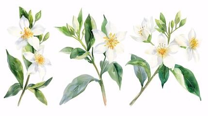 127. Jasmine flower watercolor illustration for pattern, invitation and greeting card design.