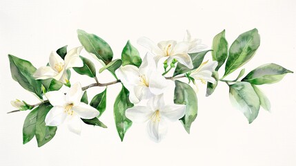 Obraz premium 130. Beautiful jasmine flower watercolor illustration, designed for patterns, invitations, and greeting cards, showcasing the gentle white petals and rich green foliage