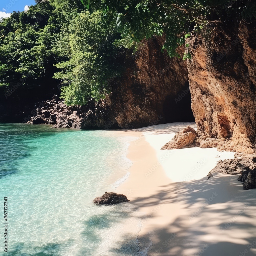 Poster A secluded beach with white sand, turquoise water, and a cave in the cliffs.