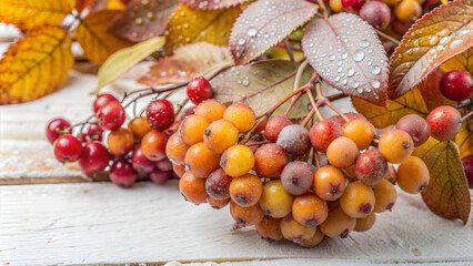 Fresh autumn berries with raindrops on wooden background, showcasing vibrant colors and nature, Autumn berry picking