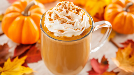 Pumpkin spice latte topped with whipped cream, concept of seasonal drinks, autumn time, roasted, aromatic, smell, organic, arabica, robusta, colombian, java, caffeine, morning, hot, 