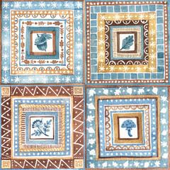 Seamless pattern stylized as a tile with decorative ornament and autumn elements hand-drawn in watercolor.