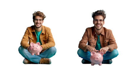 Man sitting on the floor holding a piggy bank