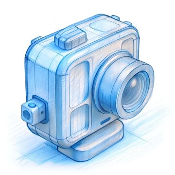 recommend clip art: A detailed pencil sketch of a modern action camera design. emphasizing its rugged and compact form factor.