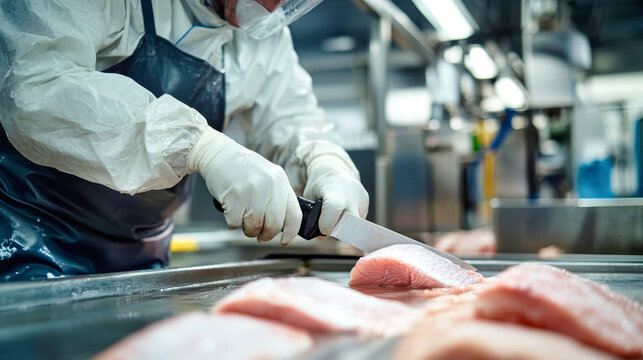 In a busy fish processing factory, a worker in protective gear expertly fillets fish using an electric knife, showcasing the art of seafood preparation