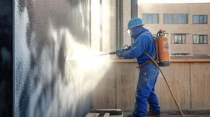 A dedicated worker utilizes a sandblaster to prepare metal surfaces for painting while enhancing construction progress on a house wall