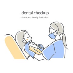 歯科衛生士のケアを受ける女性患者　シンプルでお洒落な線画イラスト