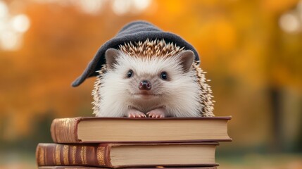 A cute hedgehog wearing a blue hat rests on stacked books, surrounded by autumn colors, perfect for cozy themes.