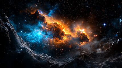Obraz premium Stunning cosmic landscape featuring vibrant orange and blue nebulas amidst a starry night, capturing the beauty of outer space.