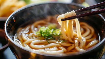A close-up of udon noodles being swirled around chopsticks with a soy sauce base broth.