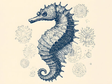 recommend clip art: risograph print texture, seahorse, whimsical and charming, line drawing, minimalist