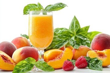 Fototapeta premium Refreshing Peach Juice with Ripe Peaches and Basil A Healthy and Delicious Summer Beverage.
