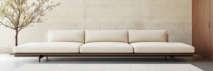 Modern Minimalist Living Room With Sofa, Concrete Wall, And Wooden Panel. Interior Design Concept.