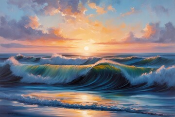 Fototapeta premium Serene Abstract Sunrise with Flowing Waves - Tranquil Oil Painting Aesthetic