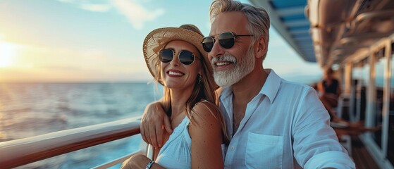 Beautiful retired senior couple enjoying cruise vacation 