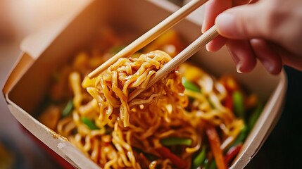 A close-up shot of hands using chopsticks to pick up stir-fried noodles from a takeout container.