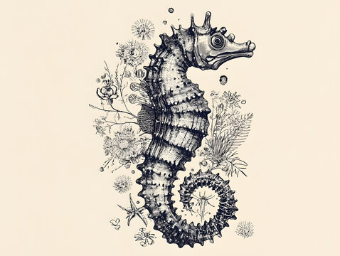 recommend clip art: risograph print texture, seahorse, whimsical and charming, line drawing, minimalist