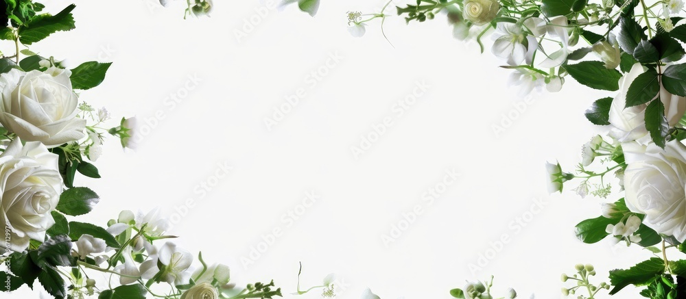 Poster White roses greenery and blossoms form an elegant floral border frame on a white background in this nature themed design perfect for event mockups with copy space image