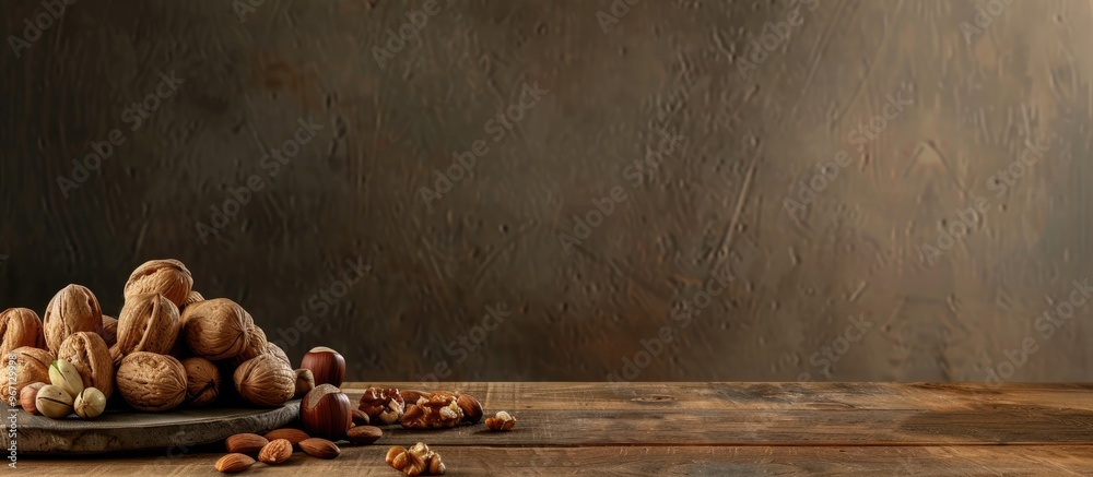 Poster Table displaying four varieties of nuts with ample copy space image