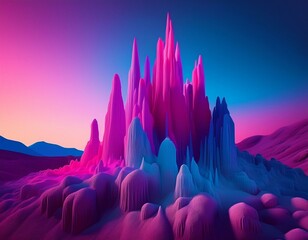 Surreal 3d landscape with abstract geometric forms, purple and blue sunset