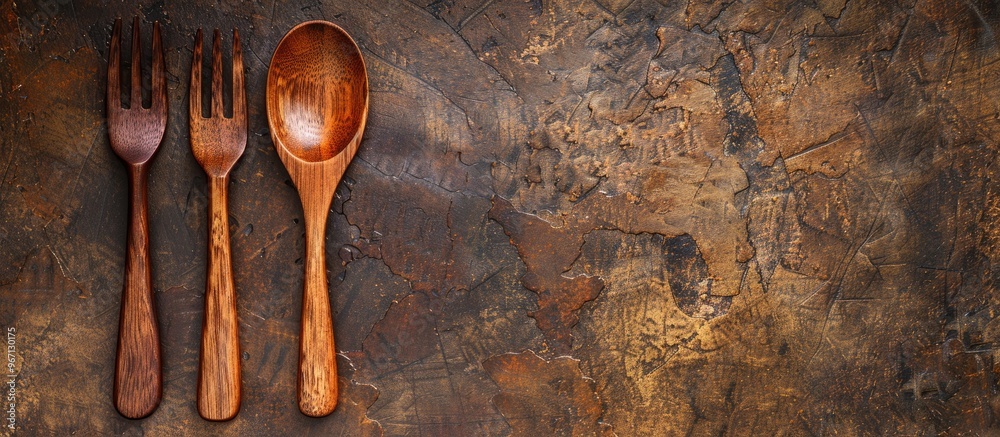 Fototapete Wooden spoon and fork set displayed on a textured brown surface providing space for adding an image viewed from the top. Creative banner. Copyspace image