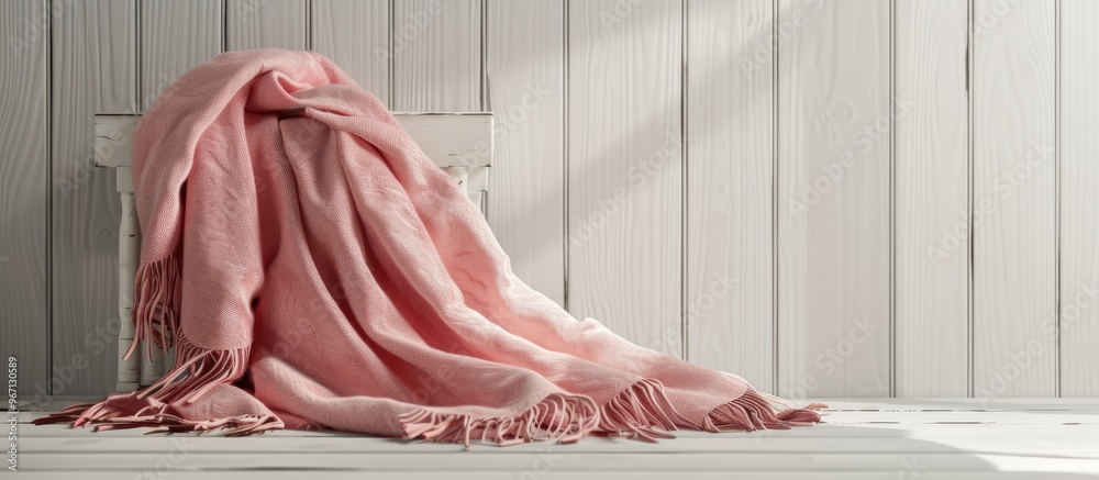 Poster pink blanket with fringes displayed on a white wooden table with copy space image