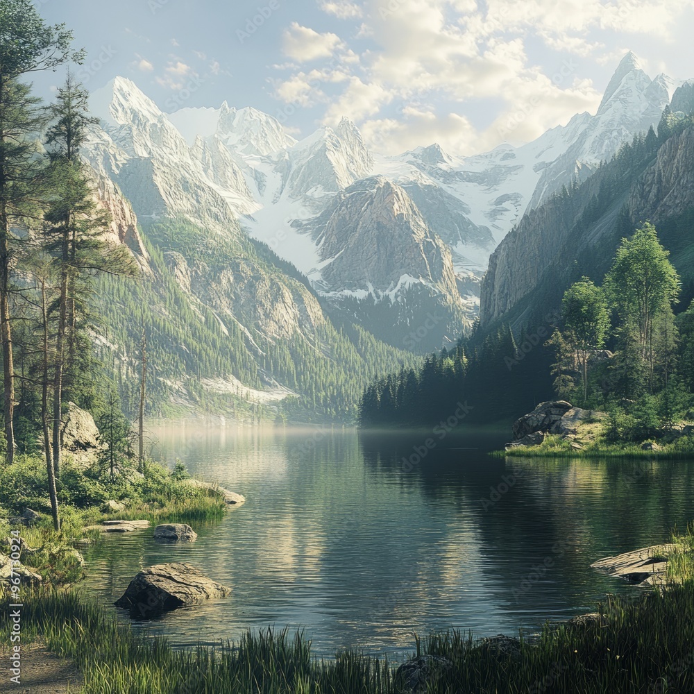 Canvas Prints A serene mountain lake surrounded by lush forest and snow-capped peaks under a bright blue sky with fluffy clouds.