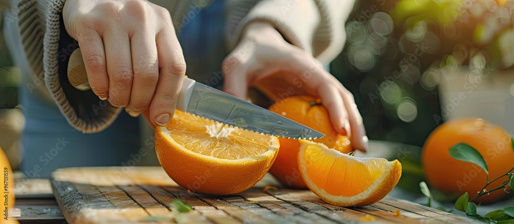 Poster a woman slices an orange on a wooden table outside at a picnic showcasing a close up of the fruit wi