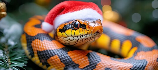 Obraz premium Festive Serpent Close-up of a Colorful Snake in a Santa Hat, Christmas Spirit in Nature