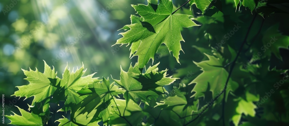 Fototapete sunlight filtering through bright green maple leaves casting shadows with copy space image